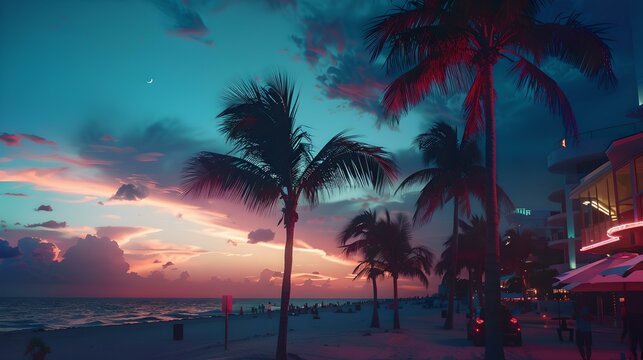 Tropical beach scene at sunset with palm trees swaying. a tranquil vacation backdrop. ideal for travel and leisure themes. AI