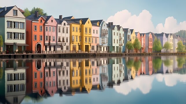 Colorful row of homes on a lake. Reflection of houses in the water. Old buildings in Europe. Architectural landscape
