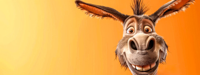 Cheerful cartoon donkey on orange background