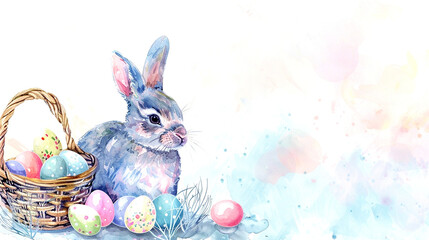 Watercolor, Easter bunny with Easter eggs, rabbit, Wicker basket, celebration, background, card, decoration
