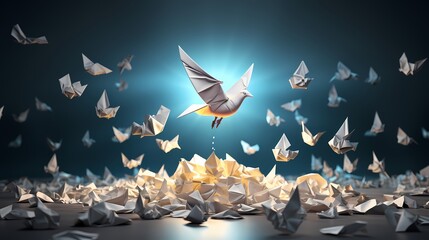 Concept of new idea and creative thinking as a symbol of innovation and inspiration metaphor as a group of crumpled papers with one different paper transforming into an origami bird in flight. - obrazy, fototapety, plakaty