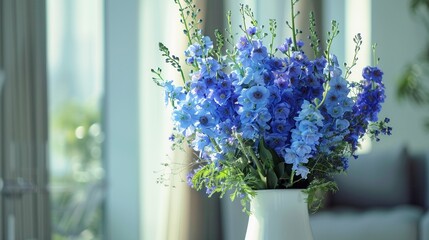 A cluster of blue delphinium flowers arranged in a tall white vase, bringing a sense of tranquility and serenity to the space.