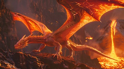 Fiery claws gripping the edge of a volcanic crater a dragon preparing to take flight into a sky lit by burning embers