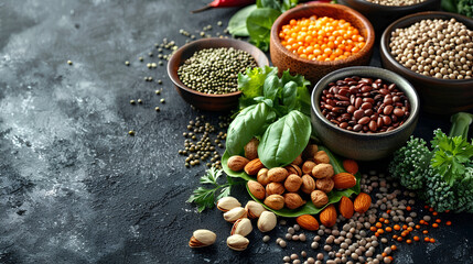 Vegan food with nuts, beans, greens and seeds. A gray background with copy space.
 - obrazy, fototapety, plakaty