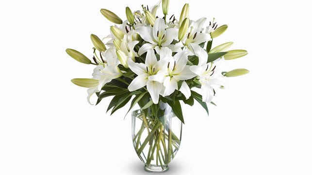 A cluster of white lilies arranged elegantly in a tall glass vase, symbolizing purity and grace.