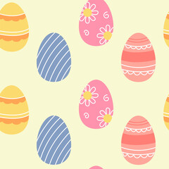 Easter seamless pattern with painted eggs on background. Festive bright layout for printing on packaging, fabric, paper and other surfaces.