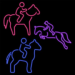 horseback riding group of neon icons, vector illustration on black background.