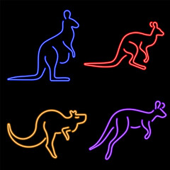 kangaroo group of neon icons, vector illustration on black background.