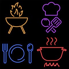 kitchen group of neon icons, vector illustration on black background.