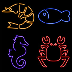 Marine life group of neon icons, vector illustration on black background.