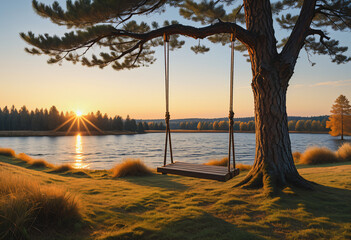 A wooden swing hanging under a pine tree