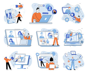 Online video meeting. Vector illustration. Online meetings revolutionize way we connect and collaborate Video conferences bridge distance between participants in virtual meetings The network