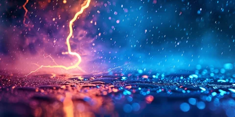 Muurstickers A blur of raindrops streaking through the air, lightning illuminating the dark sky, and wet pavement reflecting the chaotic dance of natures forces. © YuDwi Studio
