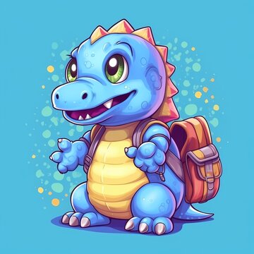 Cute little dinosaur with flower composition on the light background. Watercolor isolated cartoon kids illustration.