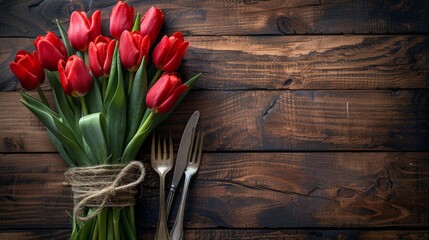 Table setting with spring tulips and cutlery on a wooden background.