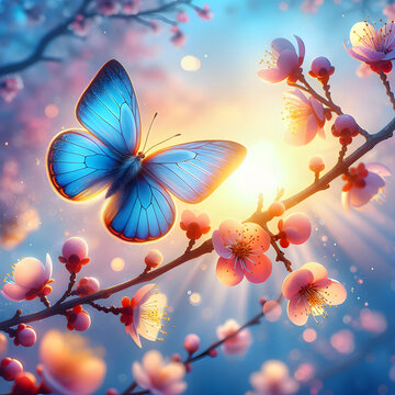 Beautiful spring blossom background with butterflies and bokeh lights Generative AI