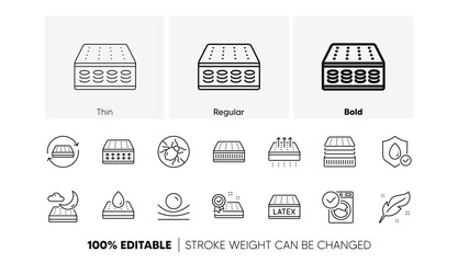 Memory foam, pillow, latex. Mattress line icons set. Breathable, washable, bed tick icons. Light weight, natural material, pocket sprung mattress. Bed mite, antiallergic latex. Line icons set. Vector