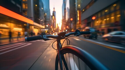 Illustrative image of man riding green bicycle through heavy traffic