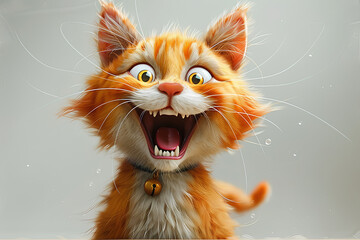 A laughing cartoon cat with wide eyes and fluffy orange fur
