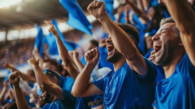 Group of people with blue shirts cheering on their soccer team with blue flags in the stadium in high resolution and high quality. football, sports concept