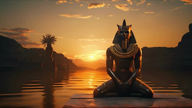 Close-up portrait of an Egyptian pharaoh in royal attire and his entourage. Ancient Egypt concept. Ai-generated.