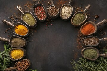 Obraz na płótnie Canvas Top view of a rich variety of spices and herbs