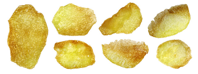 Homemade potato chips set isolated background texture. Macro closeup.