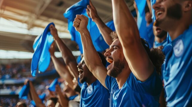 Group of people with blue shirts cheering on their soccer team with blue flags in the stadium in high resolution and high quality. football concept, sports, people