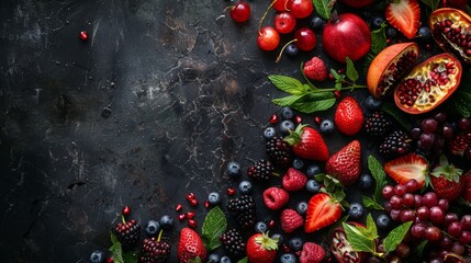 Various berries, including raspberries, are neatly arranged along with other fruits on a black surface.