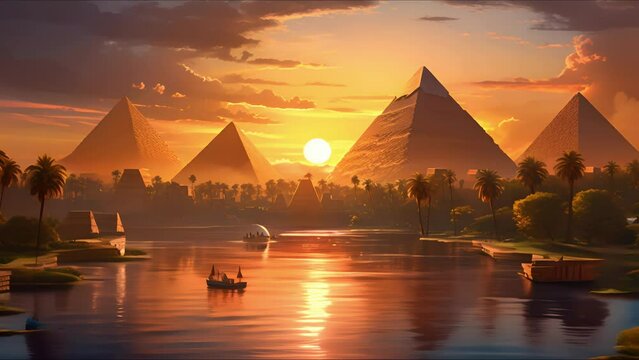 Landscape with ancient Egyptian pyramids, beautiful sky and sunset. The concept of ancient history. AI-generated.