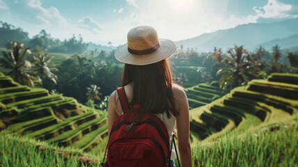 European girl among rice terraces and green plantations in Asia