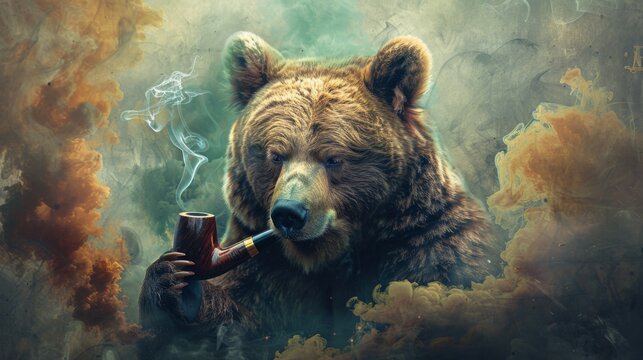 A bear, weary from life's battles, puffs thoughtfully on a smoking pipe