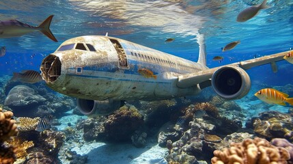 Sunlight filters through the depths, illuminating the broken fuselage of the downed aircraft - obrazy, fototapety, plakaty