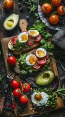 Fresh Avocado and Egg Toast With Tomatoes on a Wooden Cutting Board