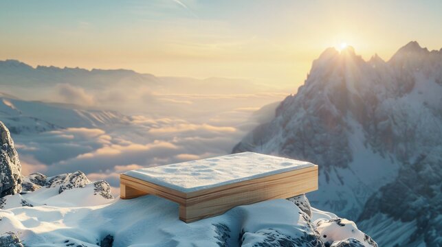 Natural wooden display on a mountain peak at dawn offering breathtaking views for an adventurous product line