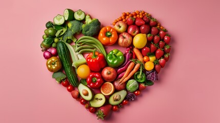 Heart shaped arrangement made of fruits and vegetables, showcasing a variety of fresh produce...