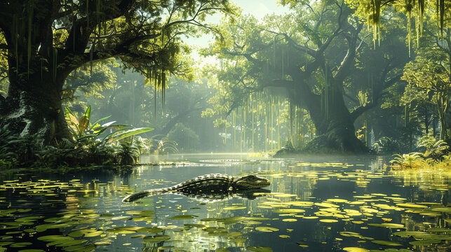 Exoplanet swamp teeming with ancient reptiles untouched by time a smoke free oasis