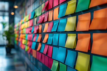 Detailed image of colorful sticky notes on a business strategy board
