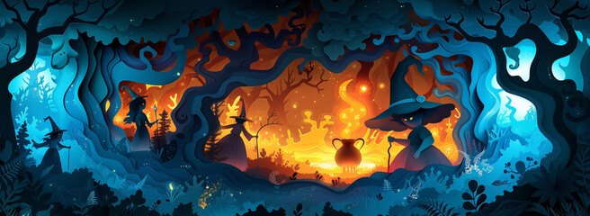 Swirling potions dance within the cauldron, emitting an otherworldly glow that illuminates the scene