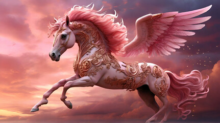 Obraz na płótnie Canvas a beautiful flying horse with wings pink pegasus wings.Generative ai