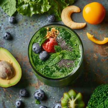 A green smoothie sits in the center of the image, surrounded by a variety of fresh fruits and vegetables, creating a vibrant and healthy display.