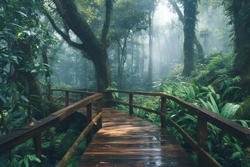 Serene rainforest scene with a picturesque wooden bridge on Ang Ka - obrazy, fototapety, plakaty