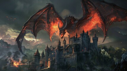 Powerful fiery black monster in a medieval setting its wings casting terrifying shadows over a castle as it prepares to unleash magic and destruction