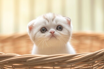 Adorable Scottish fold kitten stands charmingly in a bamboo basket