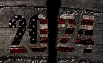 2024 US flag text on fractured stone textured background , American election concept