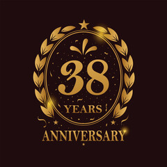 38 Years Anniversary celebration. Golden Color, Vector Template festive illustration. Birthday or wedding party event decoration.