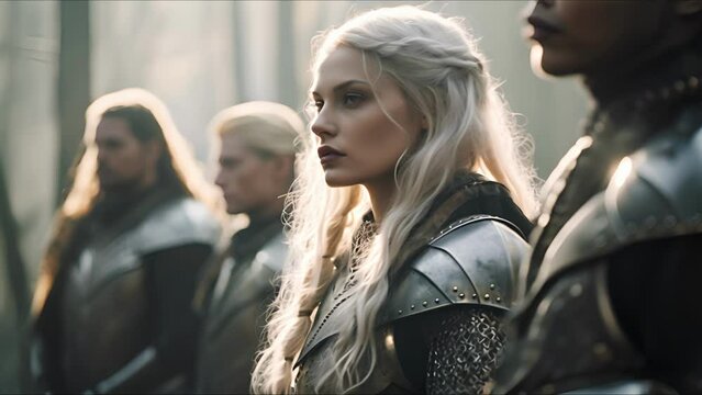 Beautiful elf woman. Fantasy medieval background. The concept of medieval history, life and culture. Ai-generated.
