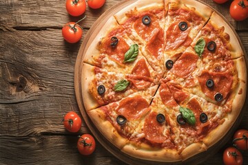 Italian pizza elegance Top view on a wooden plate
