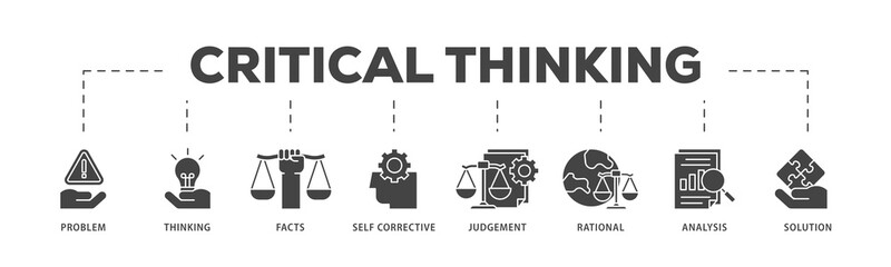 Critical thinking icons process structure web banner illustration of solution, analysis, self corrective, rational, judgement, facts, thinking, problem icon live stroke and easy to edit 