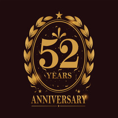 52 Years Anniversary celebration. Golden Color, Vector Template festive illustration. Birthday or wedding party event decoration.